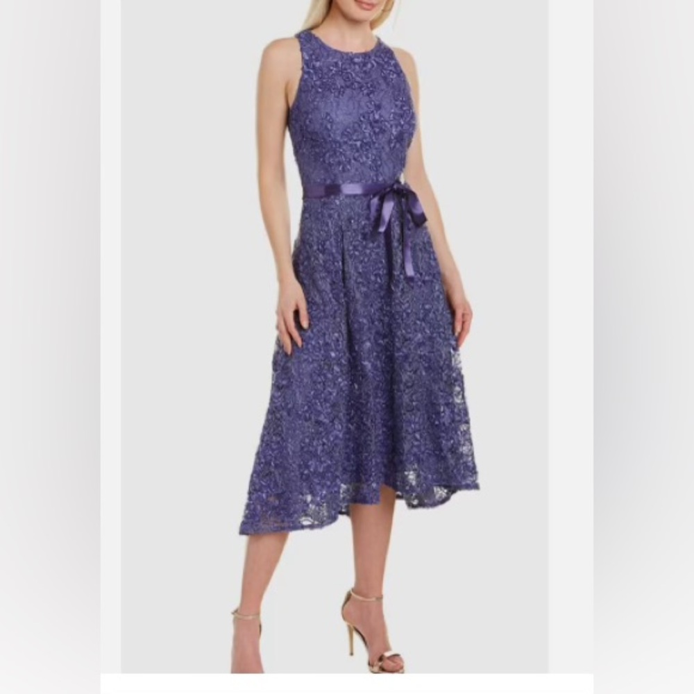 TAHARI ASL SOUTACHE LACE MIDI in PEREWINKLE